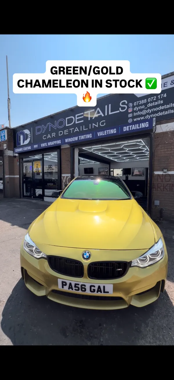 BMW M4 wrapped in green and gold chameleon film at Dyno Details Dagenham