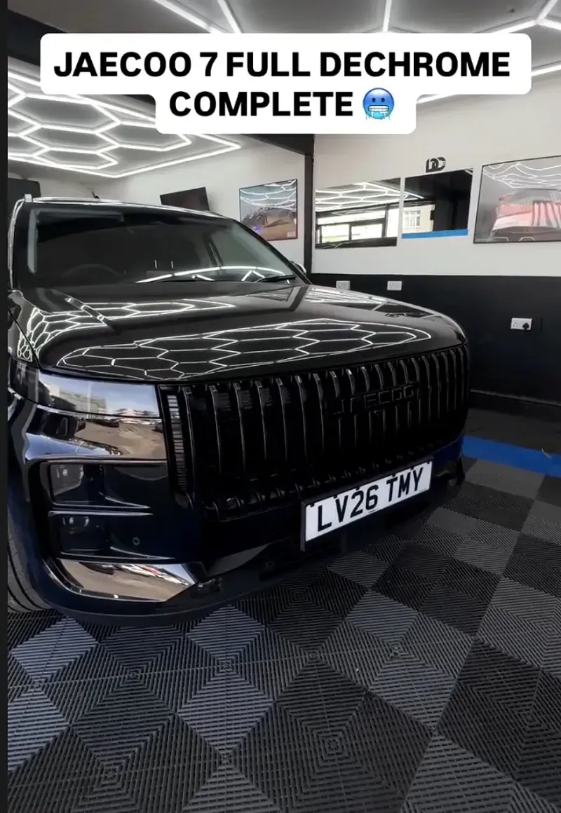 Jaecoo chrome-delete wrap finished at Dyno Details Dagenham studio